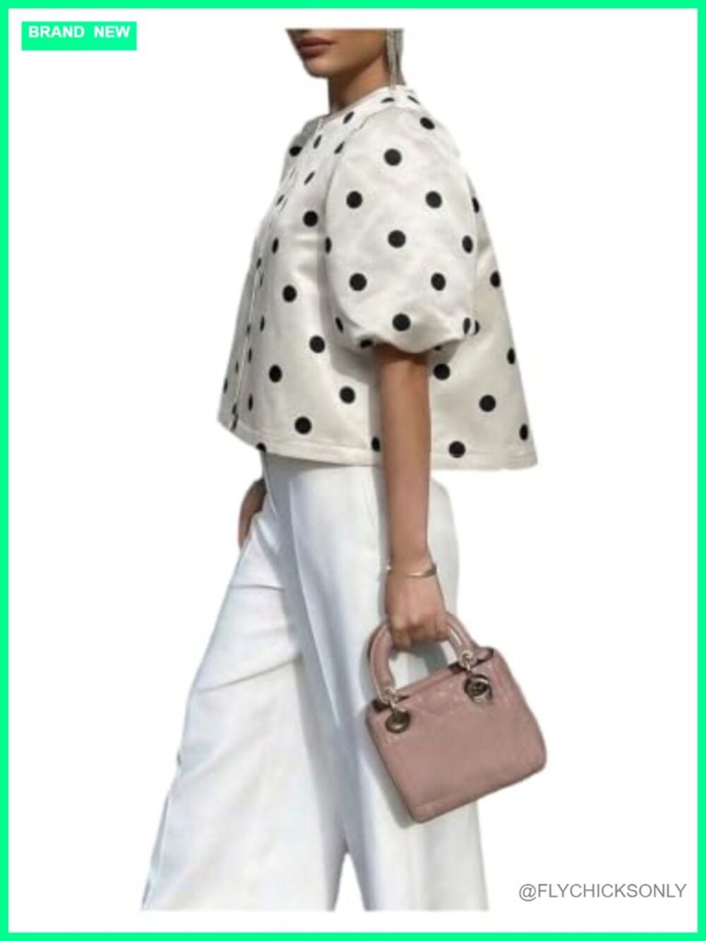 Women's Polka Dots Satin Blouse Puff Sleeve Crewneck Crop Top Loose Fit